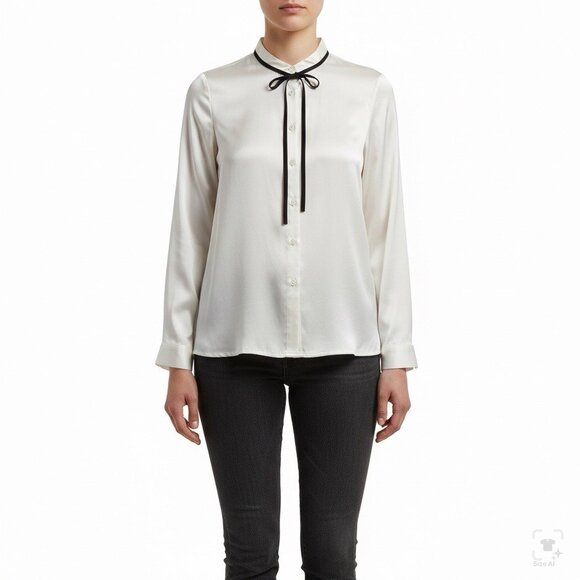 Lilysilk Tops - Lilysilk Womens White Long-Sleeve Button-Up Blouse Black Bow Detail Sz S